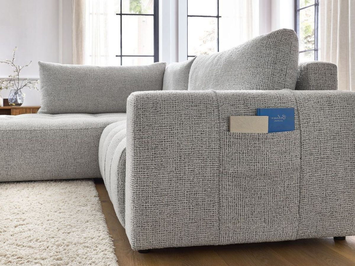 Bobochic Arsene Ecksofa mit Schlaffunktion und Bettkasten 277 × 200 cm Melange-Stoff Hellgrau Ecke links