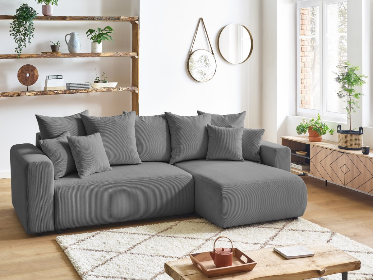 Bobochic Envy Ecksofa mit Schlaffunktion und Bettkasten Cordsamt Dunkelgrau