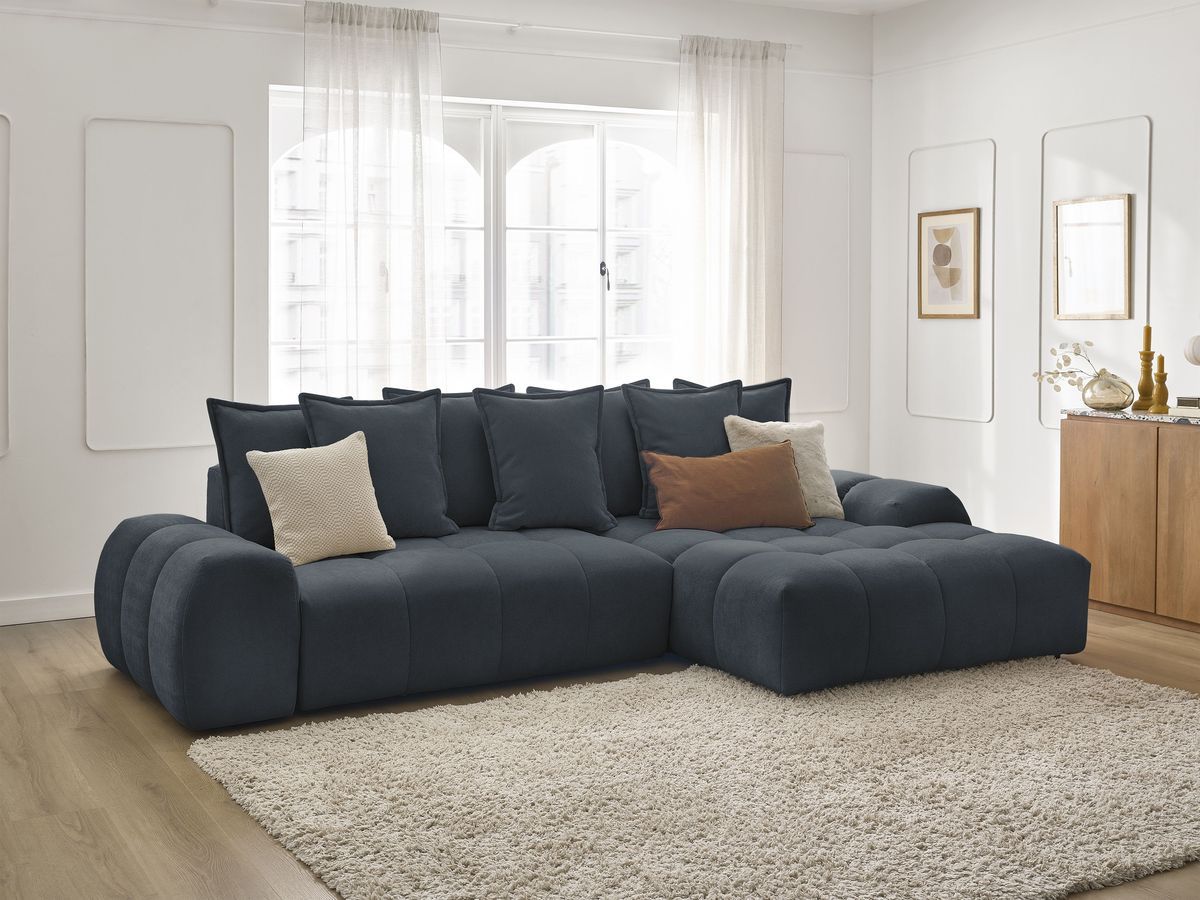 Bobochic Everest Ecksofa mit Schlaffunktion und Bettkasten 318 × 180 cm, 7 Kissen Strukturstoff Dunkelblau Ecke rechts