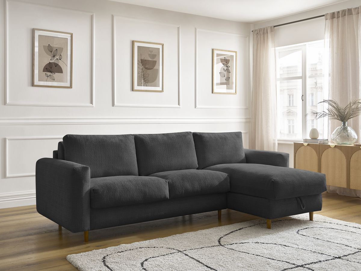Bobochic Cocoone Ecksofa mit Schlaffunktion und Bettkasten Strukturstoff Schwarz, Liegefläche 140 × 200 cm