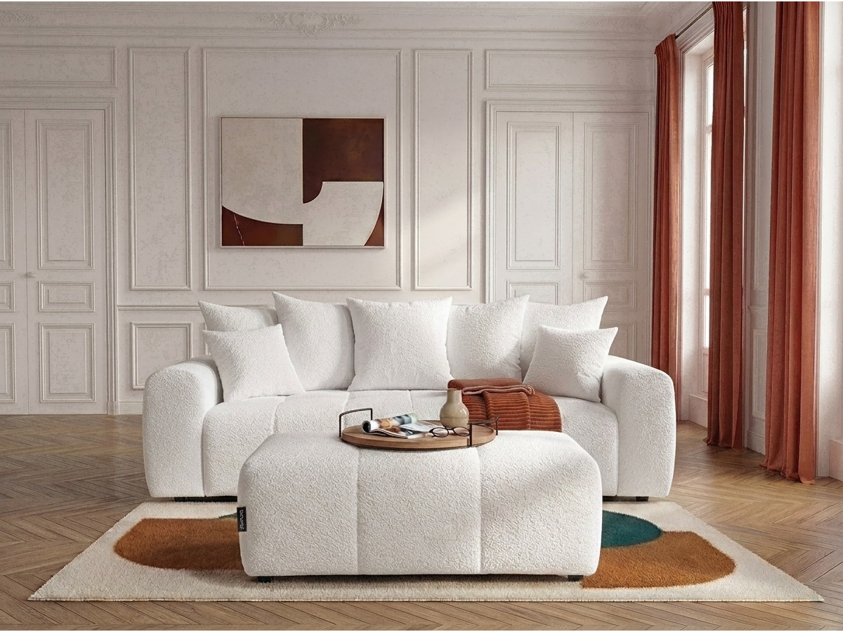 Bobochic Roxelane Schlafsofa 3-Sitzer mit Bettkasten und Pouf Bouclé-Stoff Weiß