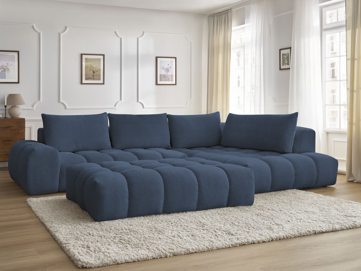 Bobochic Everest Ecksofa mit Schlaffunktion und Pouf, 4 Kissen Melange-Stoff Dunkelblau Ecke rechts