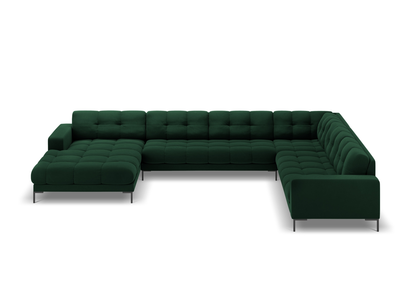 Cosmopolitan Design Panoramasofa Bali 7-Sitzer 327 cm Samt Bluvel Flaschengrün Rechts Beine Schwarzes Metall