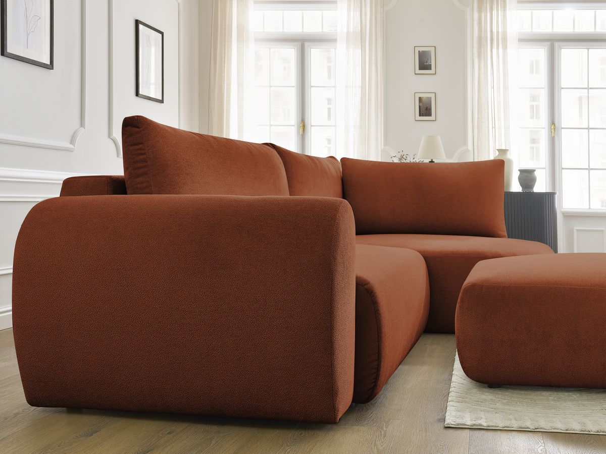 Bobochic Lucien Ecksofa mit Schlaffunktion und Bettkasten und Pouf 296 × 198 cm Stoff Orange Ecke rechts