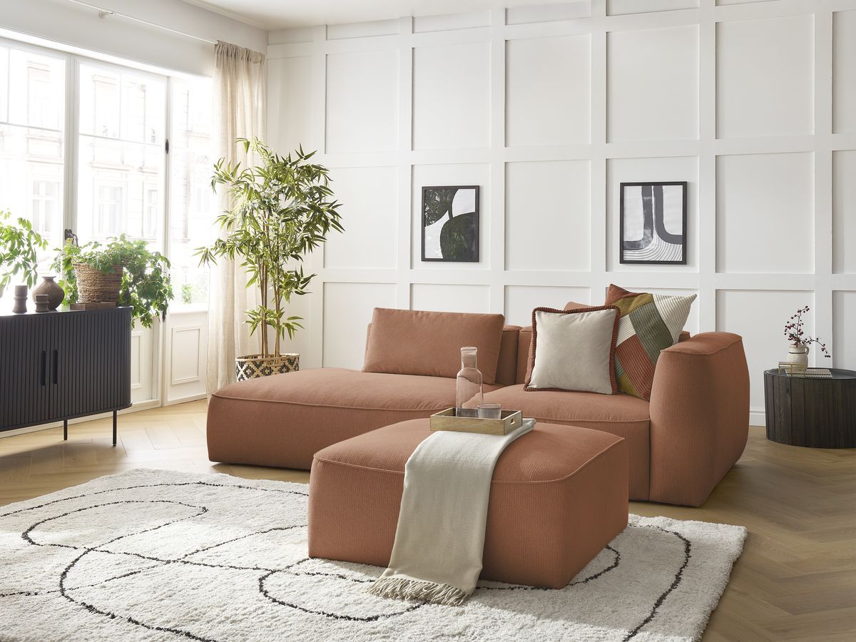 Bobochic Leopold Sofa 4-Sitzer mit Pouf Melange-Stoff Orange Armlehne rechts