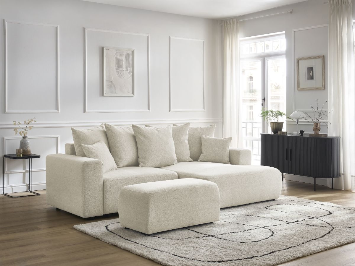 Bobochic Atilla Ecksofa mit Schlaffunktion und Bettkasten und Pouf Melange-Stoff Weiß Ecke rechts