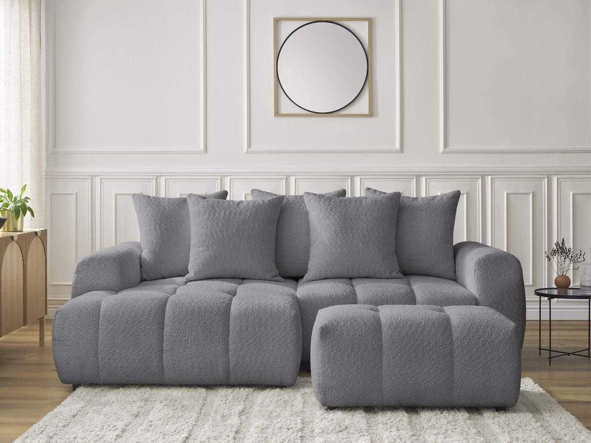 Bobochic Roxelane Ecksofa mit Schlaffunktion und Bettkasten und Pouf 258 × 150 cm Bouclé-Stoff Dunkelgrau Ecke links