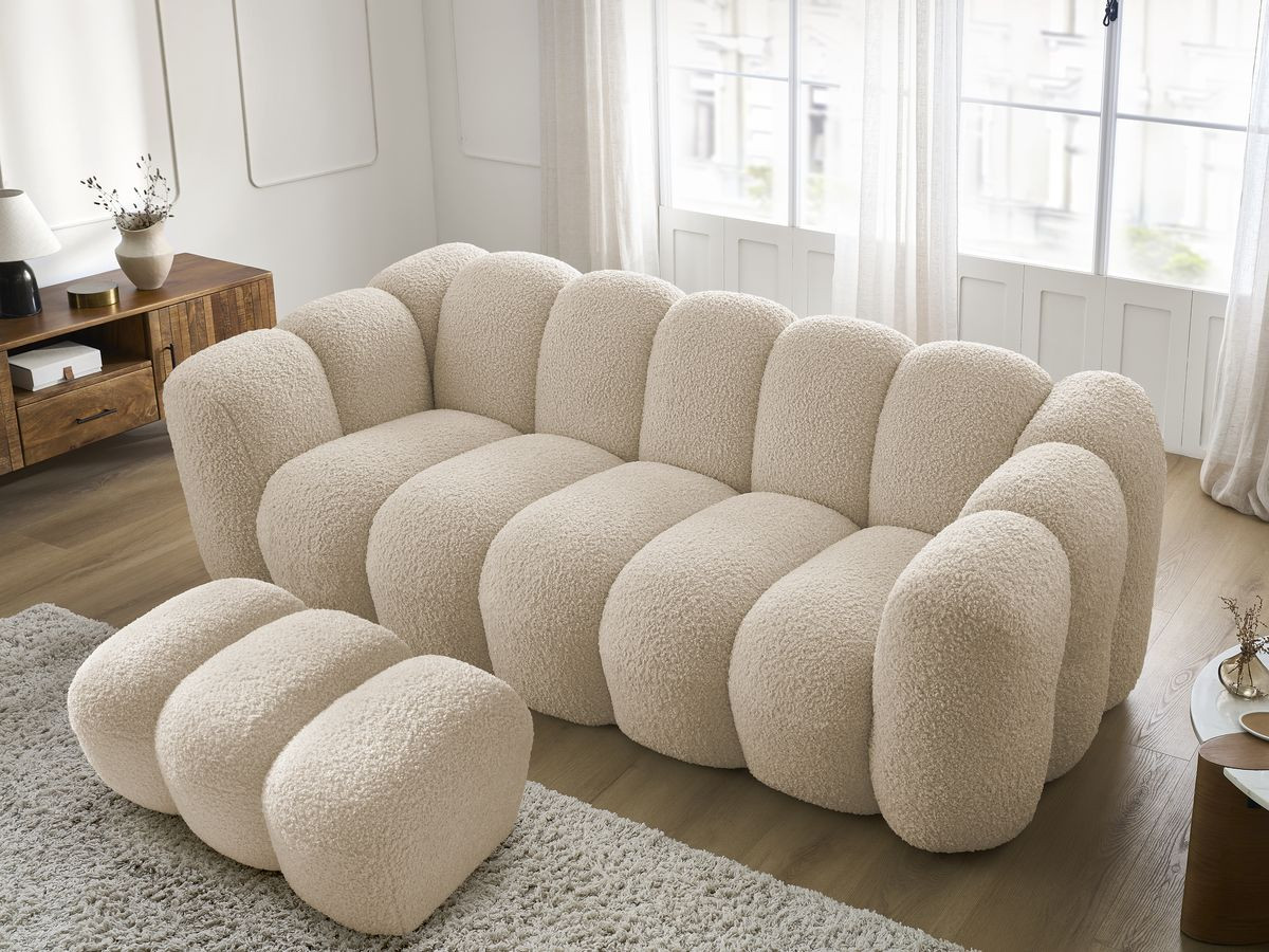 Bobochic Hippolyte Sofa 3-Sitzer mit Pouf Bouclé-Stoff Beige