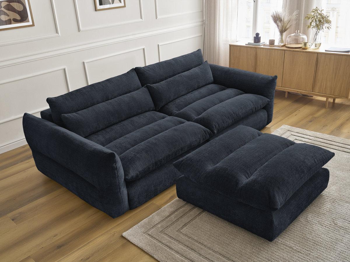 Bobochic Neil Sofa 3-Sitzer mit Pouf Strukturstoff Dunkelblau
