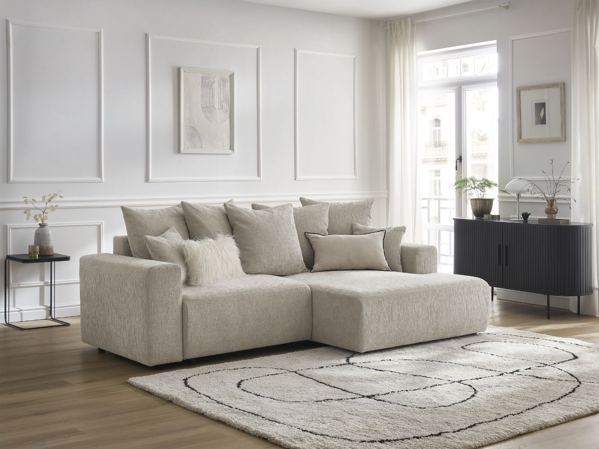Bobochic Atilla Ecksofa mit Schlaffunktion und Bettkasten Strukturstoff Beige Ecke rechts