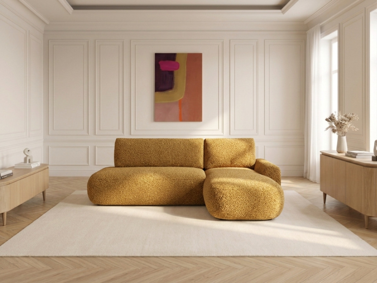 Bobochic Tango Ecksofa mit Schlaffunktion und Bettkasten Bouclé-Stoff Gelb Ecke rechts