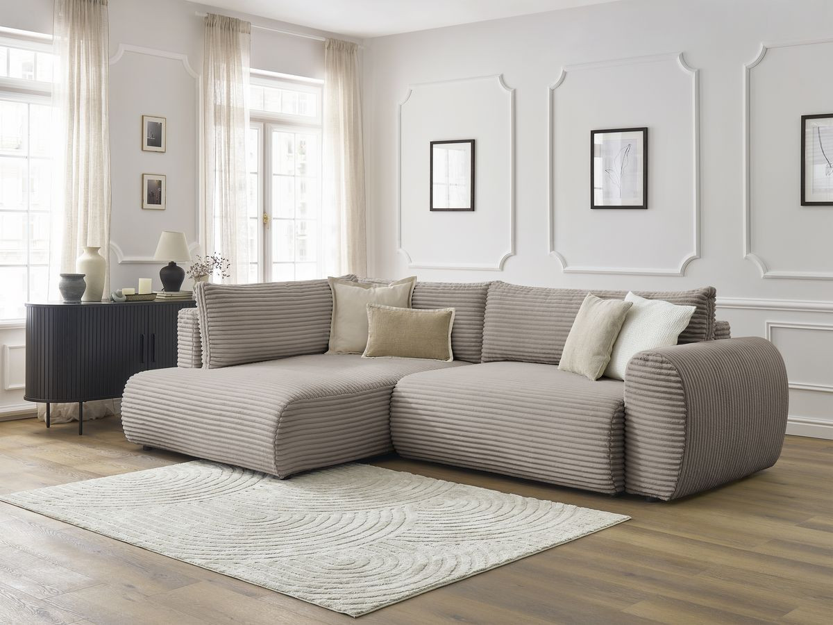 Bobochic Lucien Ecksofa mit Schlaffunktion und Bettkasten 296 × 198 cm Breitcord weich Taupe Ecke links