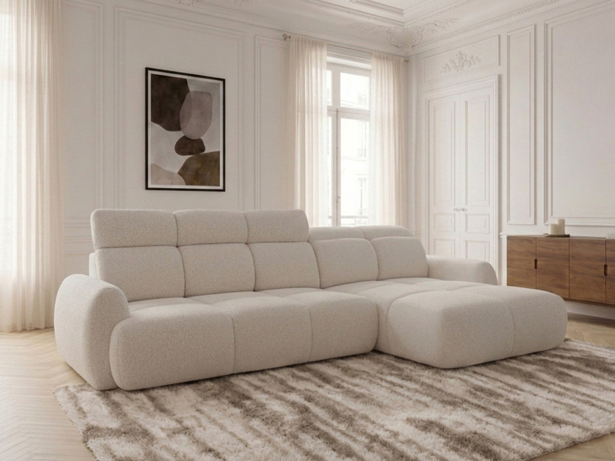Bobochic Ruby Ecksofa mit Schlaffunktion und Bettkasten Chenille Beige Ecke rechts