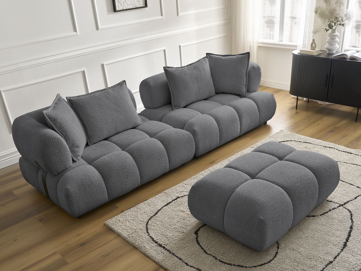 Bobochic Alya Sofa 4-Sitzer mit Pouf Bouclé-Stoff Dunkelgrau