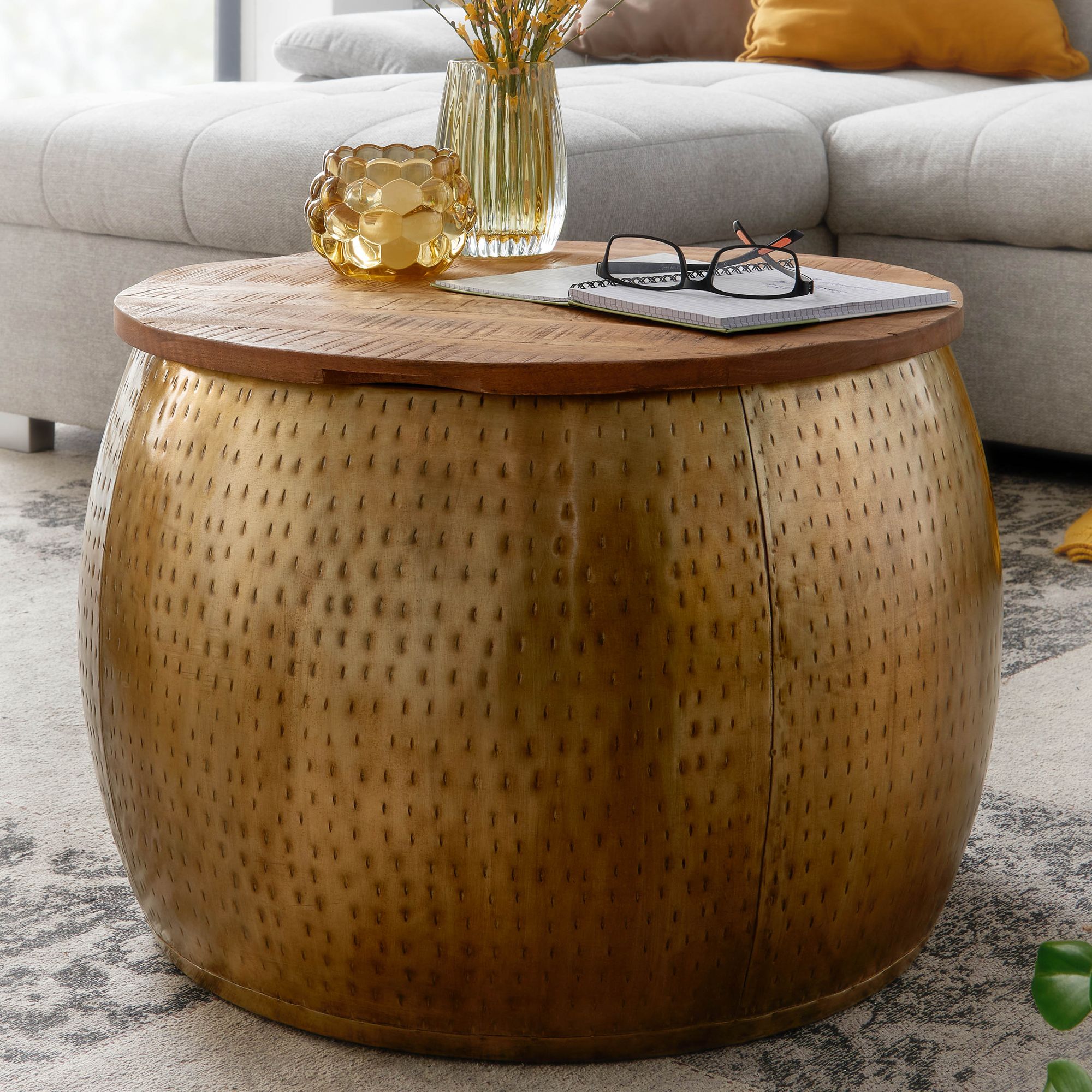 Couchtisch Alvundeid Mango Massivholz Gold Ø 60 cm