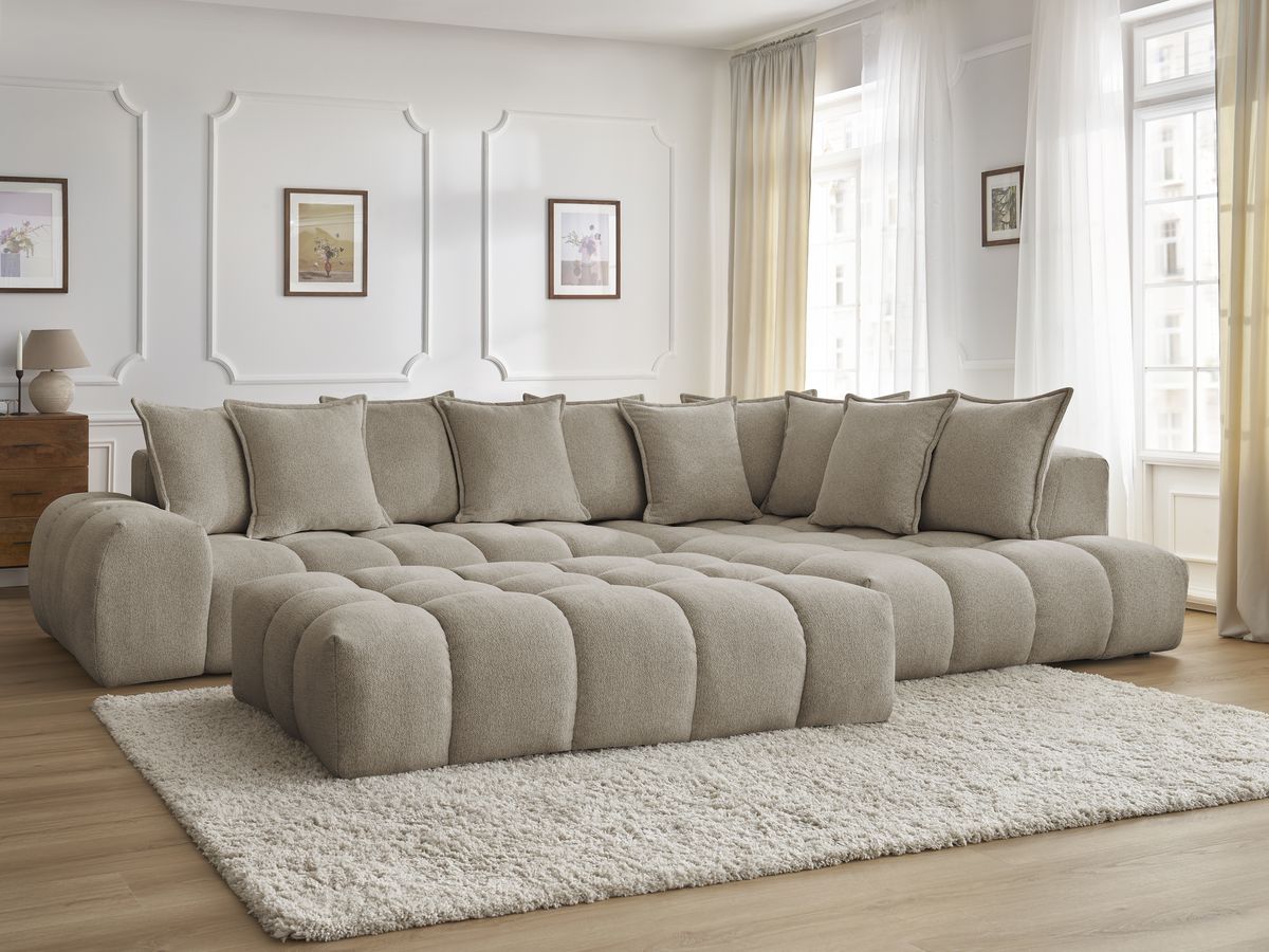 Bobochic Everest Ecksofa mit Schlaffunktion und Pouf, 10 Kissen Melange-Stoff Taupe Ecke rechts
