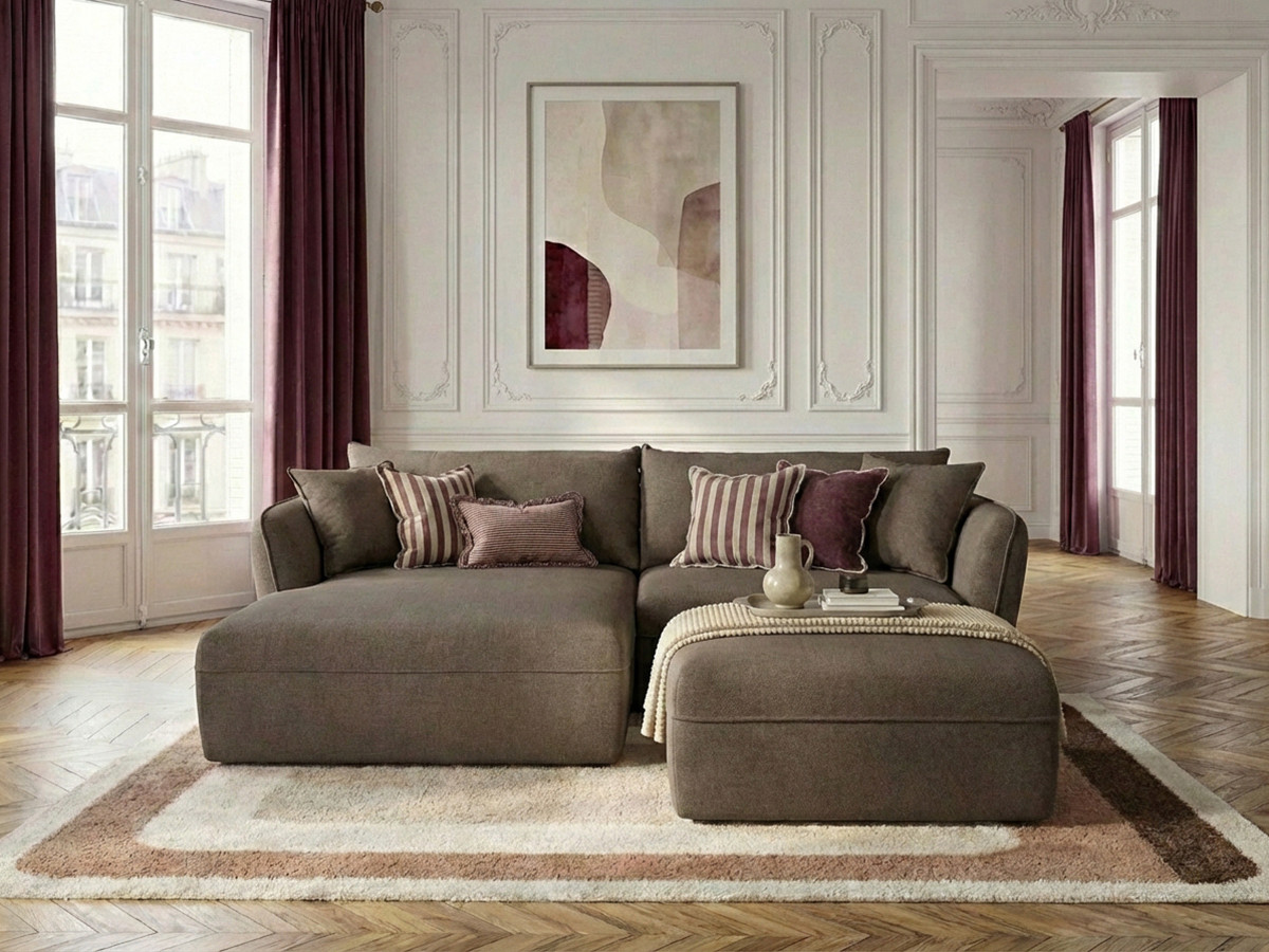 Bobochic Luigi Ecksofa mit Pouf Strukturstoff Taupe Ecke links