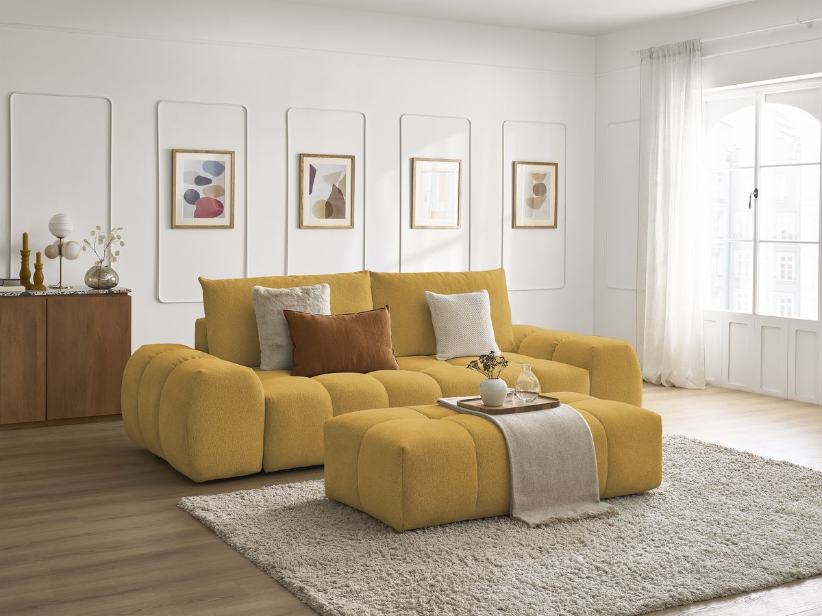 Bobochic Everest Schlafsofa 3-Sitzer mit Bettkasten und Pouf, 2 Kissen Melange-Stoff Gelb
