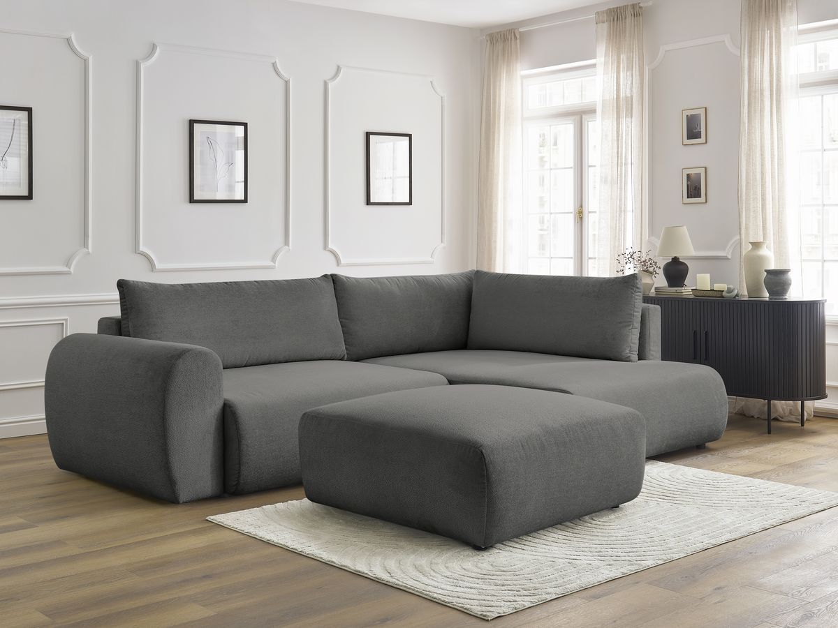 Bobochic Lucien Ecksofa mit Schlaffunktion und Bettkasten und Pouf 296 × 198 cm Stoff Dunkelgrau Ecke rechts