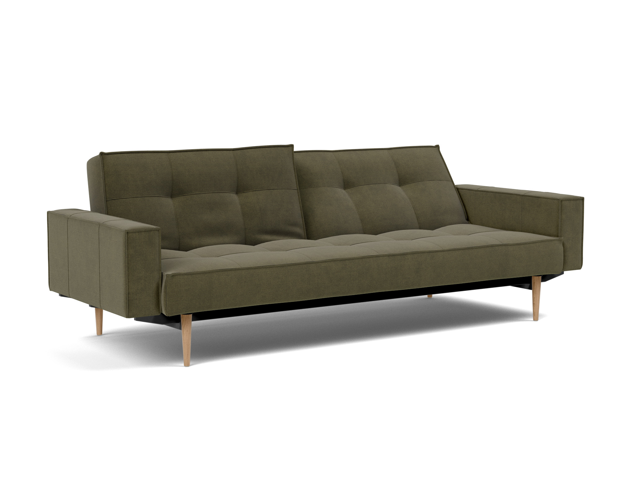 Schlafsofa Splitback mit Armlehnen Kord Cordufine 316-Pine-Green Beine Styletto Eiche hell