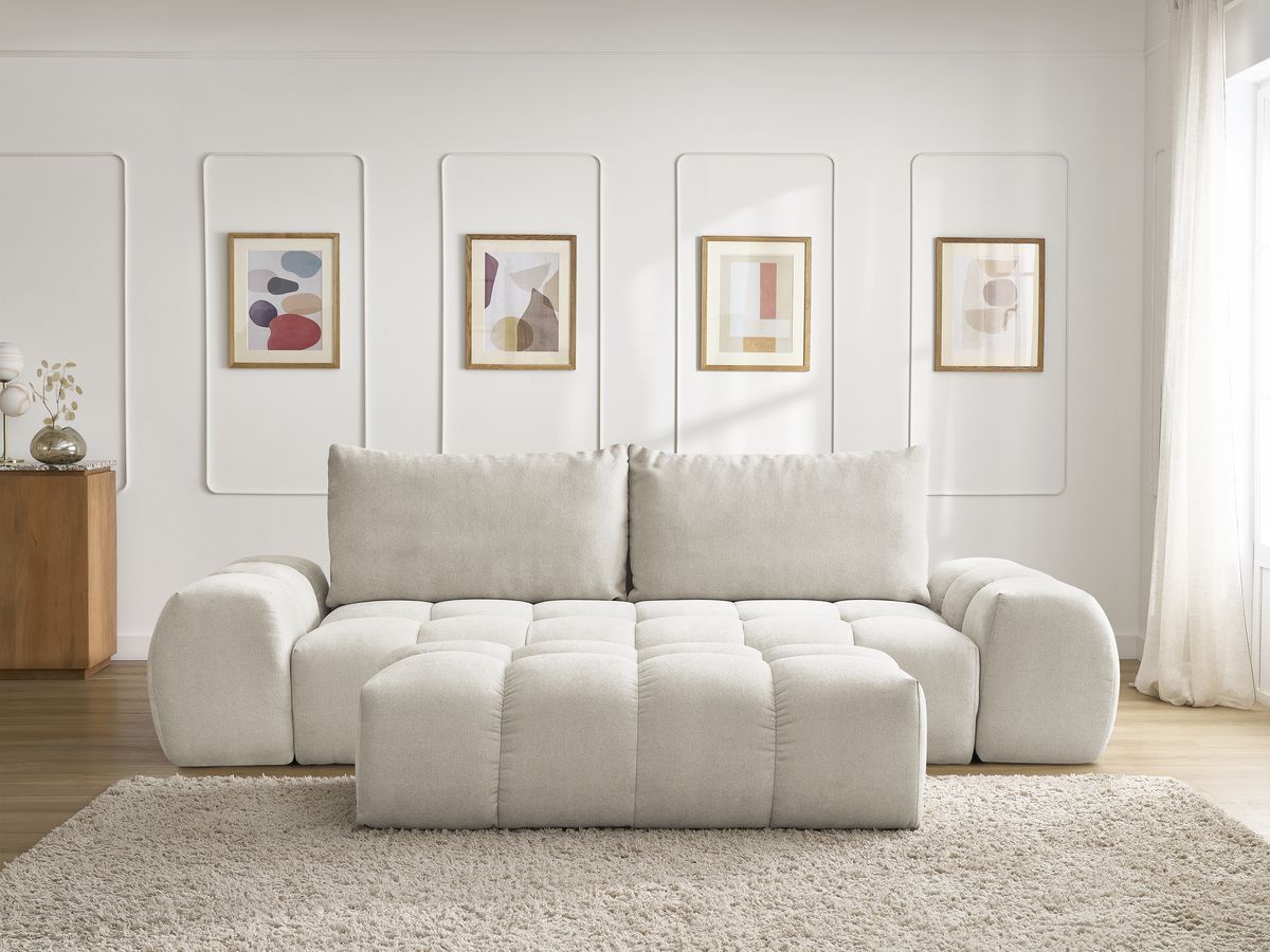 Bobochic Everest Sofa 3-Sitzer mit Pouf, 2 Kissen Strukturstoff Beige