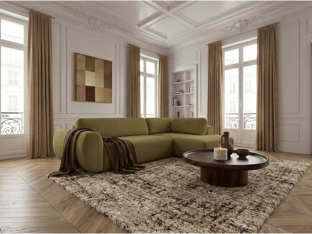 Bobochic Denise Ecksofa mit Schlaffunktion und Bettkasten 256 × 197 cm Strukturstoff Grün Ecke rechts