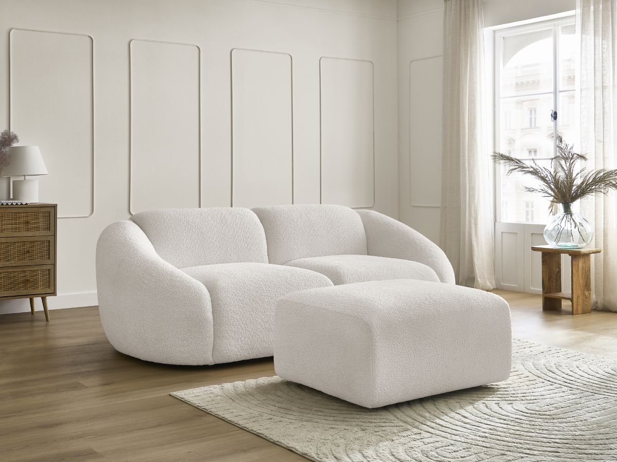 Bobochic Tina Sofa 3-Sitzer mit Pouf Bouclé-Stoff Weiß