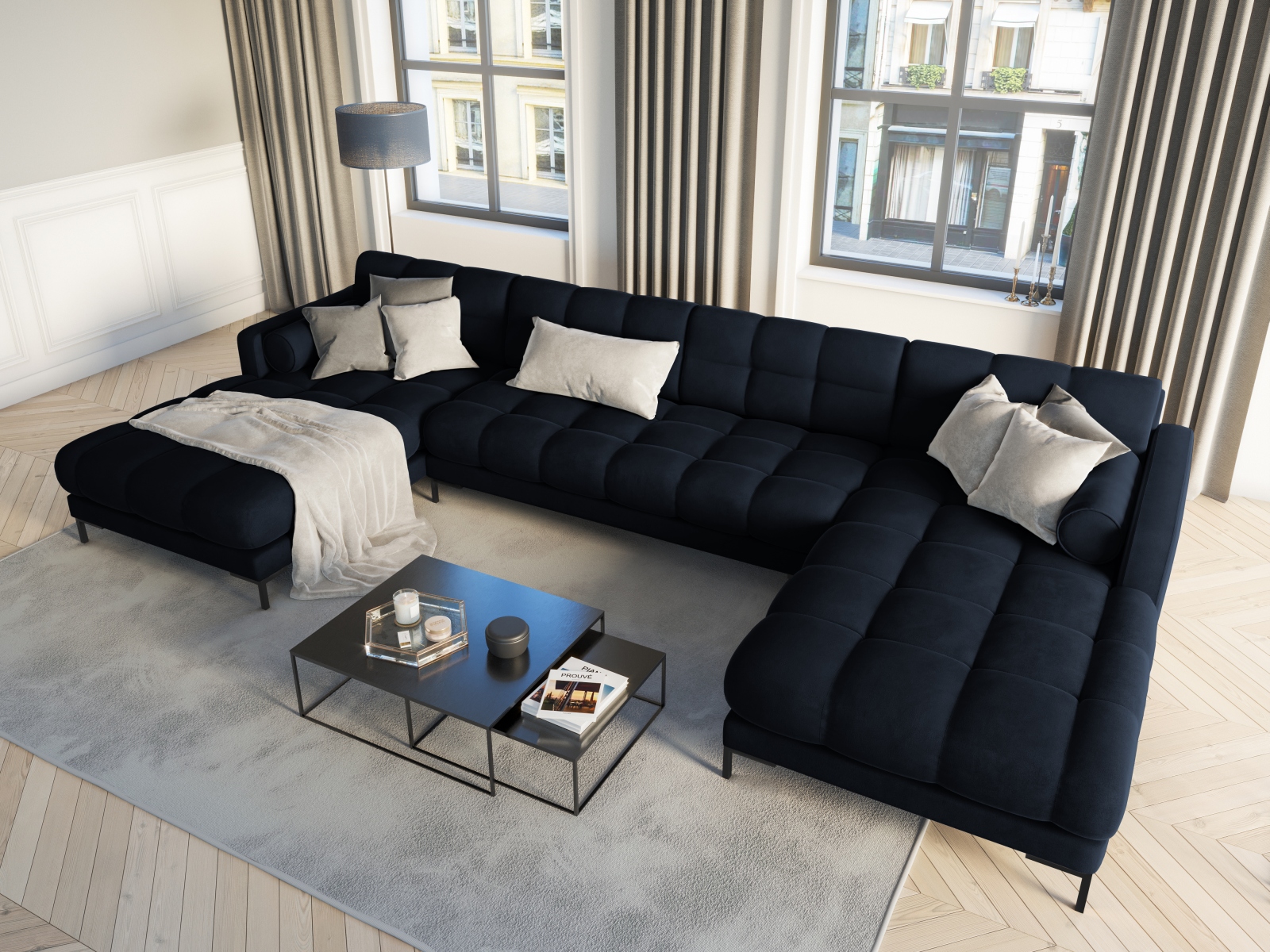 Cosmopolitan Design Panoramasofa Bali 7-Sitzer 383 cm Samt Bluvel Dunkelblau Beine Schwarzes Metall