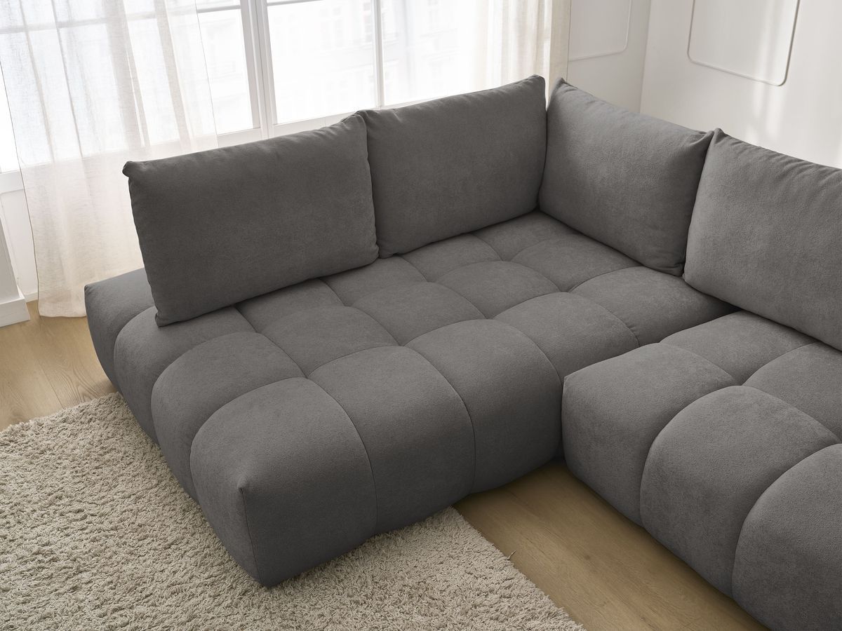 Bobochic Everest Ecksofa mit Schlaffunktion und Bettkasten 320 × 212 cm, 5 Kissen Strukturstoff Dunkelgrau Ecke links