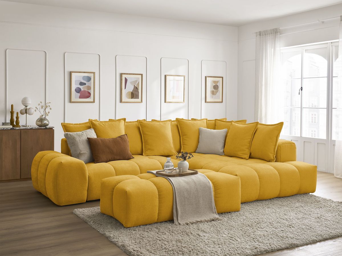 Bobochic Everest Ecksofa mit Schlaffunktion und Bettkasten und Pouf 320 × 212 cm, 10 Kissen Strukturstoff Gelb Ecke rechts