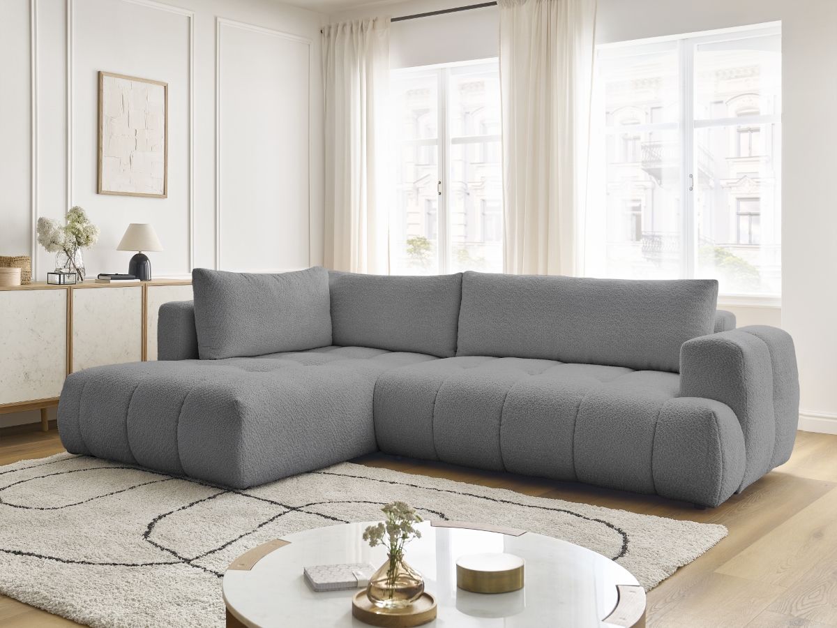 Bobochic Fuji Ecksofa mit Schlaffunktion und Bettkasten 282 × 204 cm Bouclé-Stoff Dunkelgrau Ecke links