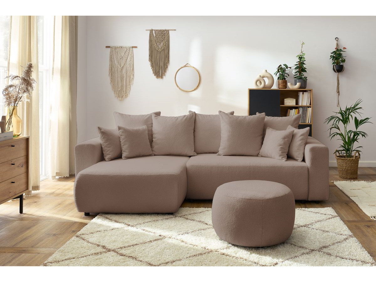 Bobochic Envy Ecksofa mit Schlaffunktion und Bettkasten und rundem Pouf Bouclé-Stoff Braun