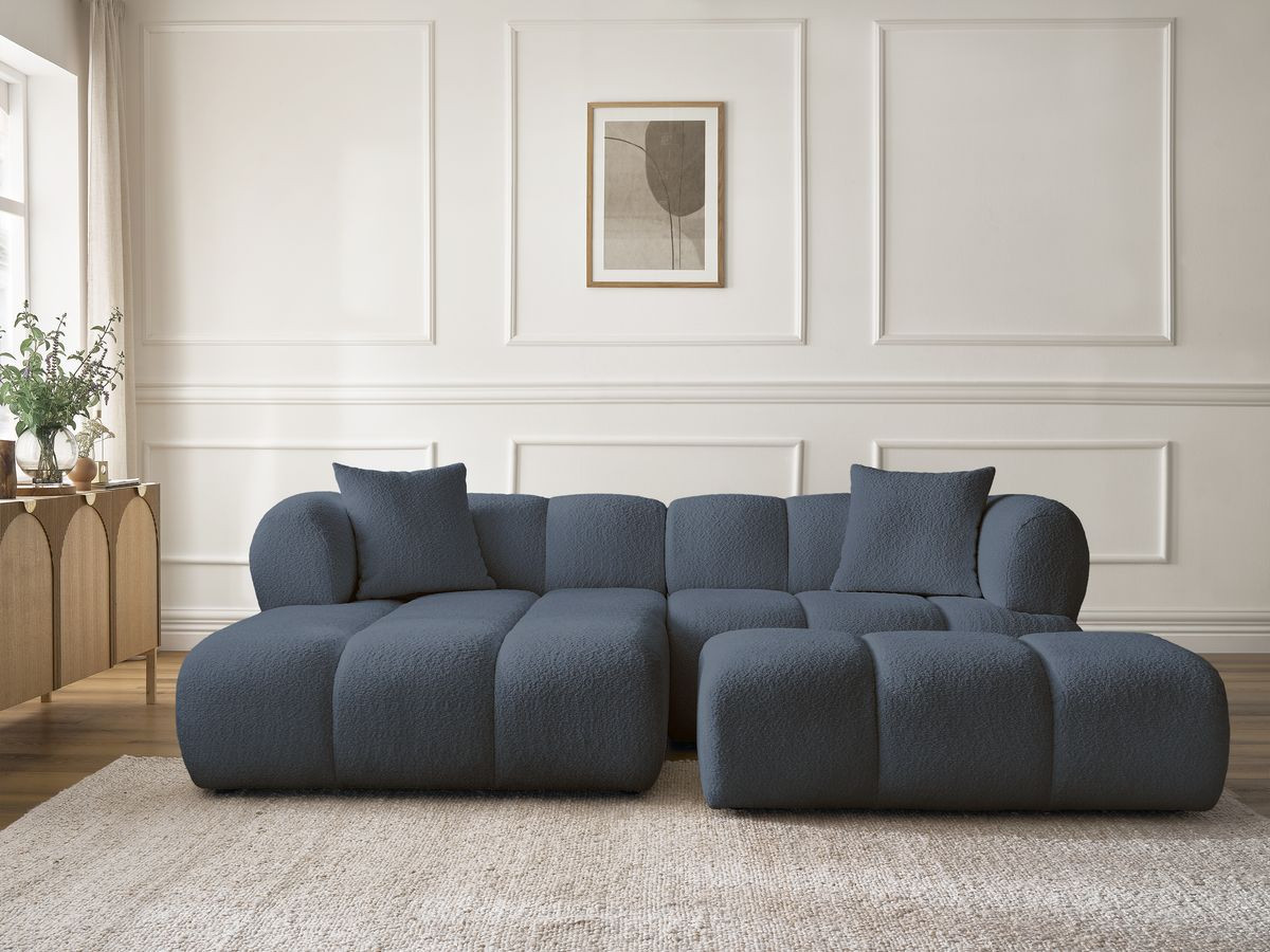 Bobochic Pamira Ecksofa mit Pouf Bouclé-Stoff Dunkelblau Ecke links