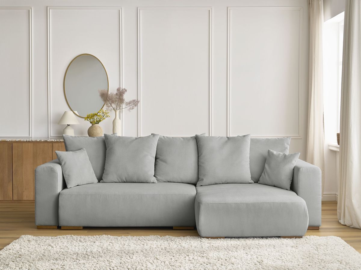 Bobochic Sidonie Ecksofa mit Schlaffunktion und Bettkasten Cordsamt Hellgrau