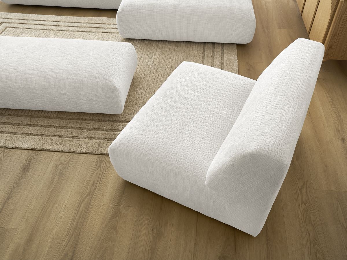 Bobochic Sirius Ecksofa mit Pouf 405 × 170 cm Strukturstoff Weiß Ecke rechts