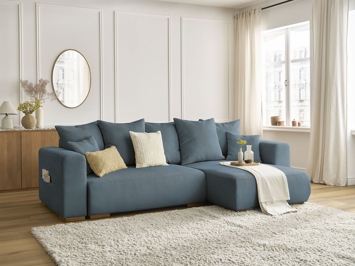 Bobochic Sidonie Ecksofa mit Schlaffunktion und Bettkasten Cordsamt Dunkelblau