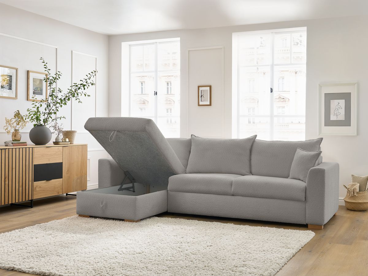 Bobochic Augustin Ecksofa mit Schlaffunktion und Bettkasten Bouclé-Stoff Hellgrau, Liegefläche 160 × 200 cm