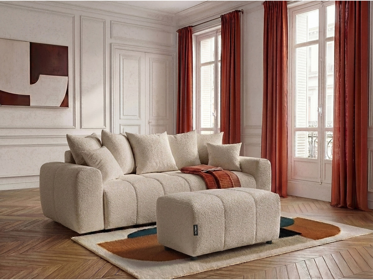 Bobochic Roxelane Schlafsofa 3-Sitzer mit Bettkasten und Pouf Bouclé-Stoff Beige