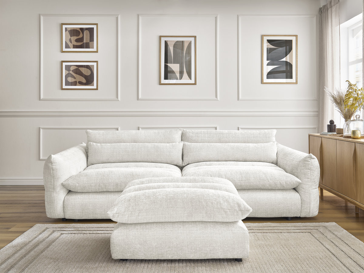 Bobochic Neil Sofa 3-Sitzer mit Pouf Strukturstoff Weiß