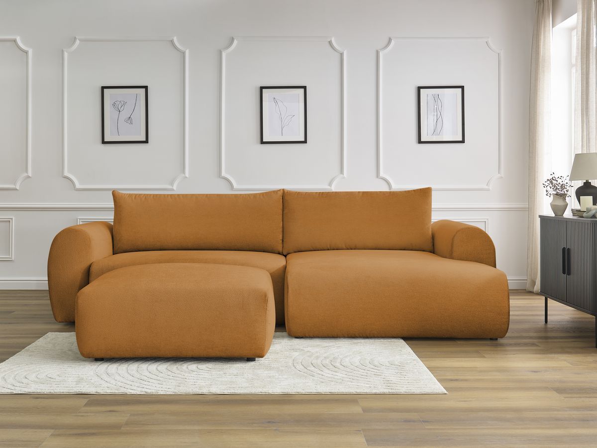 Bobochic Lucien Ecksofa mit Schlaffunktion und Bettkasten und Pouf 314 × 167 cm Stoff Gelb Ecke rechts
