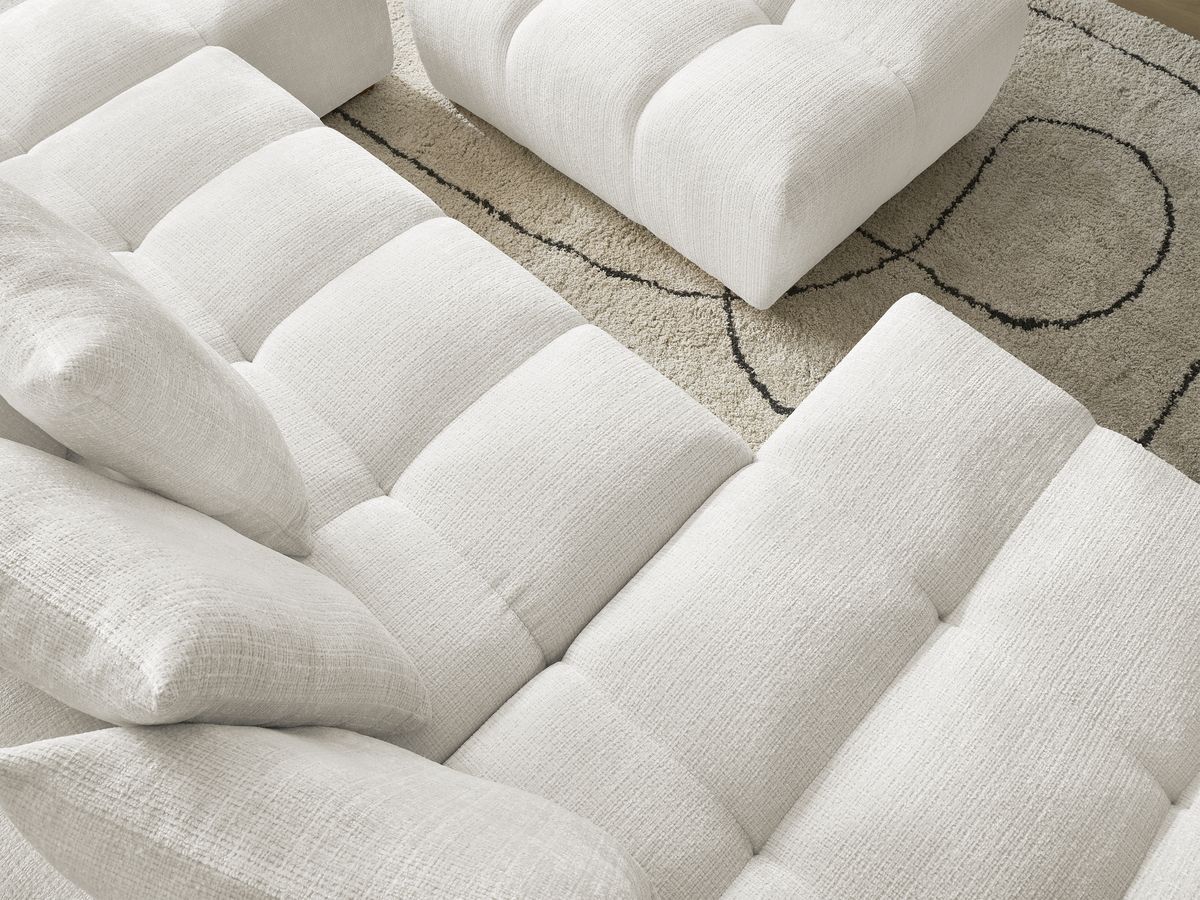 Bobochic Anakin Wohnlandschaft mit Pouf, Liegefläche 137 × 382 cm, 10 Kissen Strukturstoff Weiß