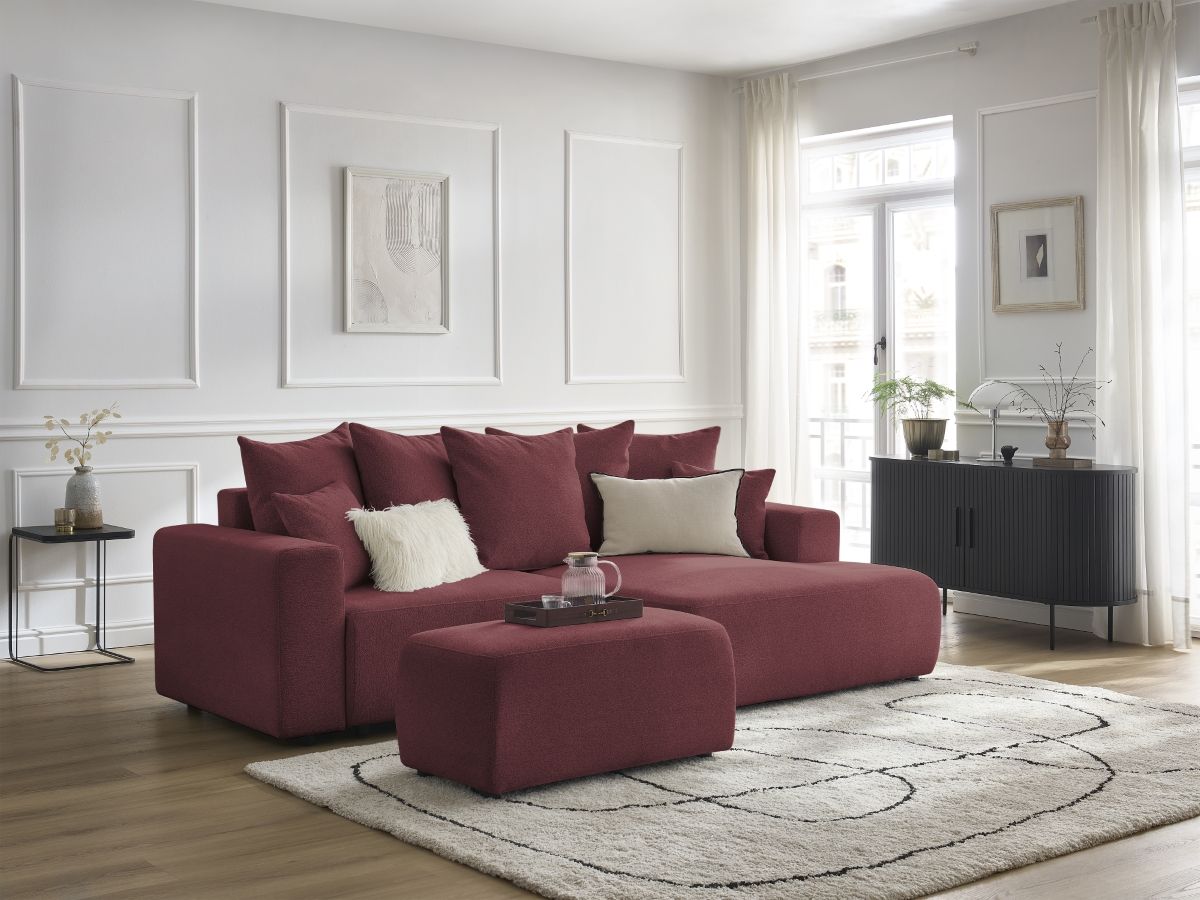 Bobochic Atilla Ecksofa mit Schlaffunktion und Bettkasten und Pouf Melange-Stoff Rot Ecke rechts