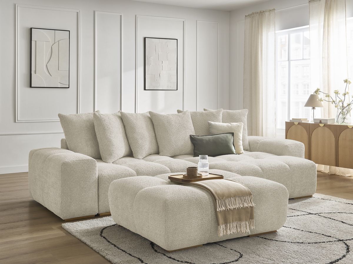 Bobochic Anakin Ecksofa mit Schlaffunktion und Bettkasten und Pouf, 6 Kissen Bouclé-Stoff Beige