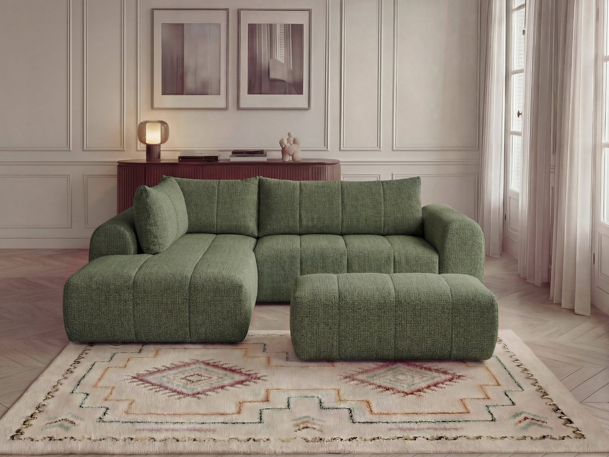 Bobochic Nesty Ecksofa in L-Form, 256 cm, mit Pouf Melange-Stoff Hellgrün Ecke links