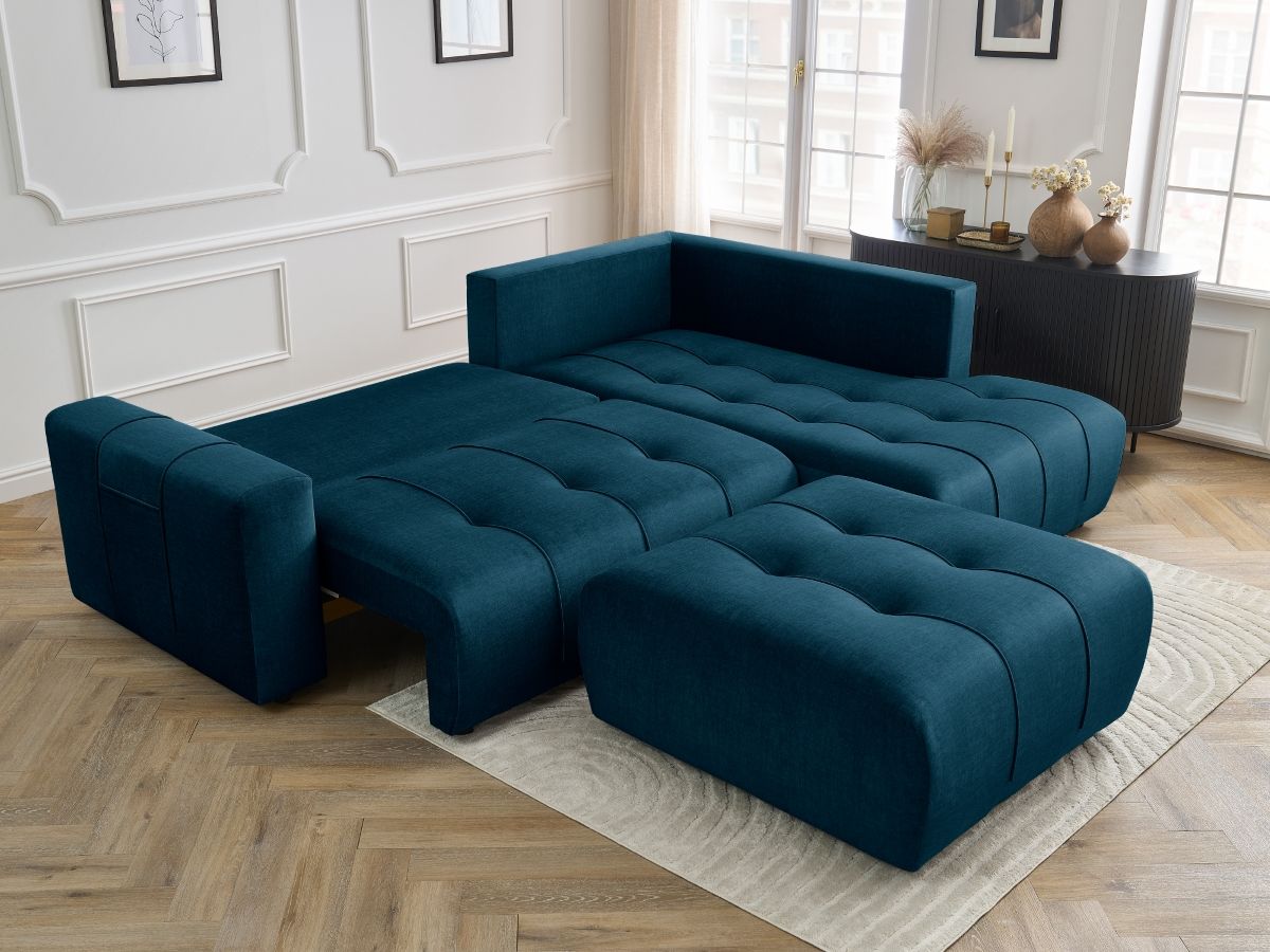 Bobochic Arsene Ecksofa mit Schlaffunktion und Bettkasten und Pouf 277 × 200 cm Samt Blau Ecke rechts