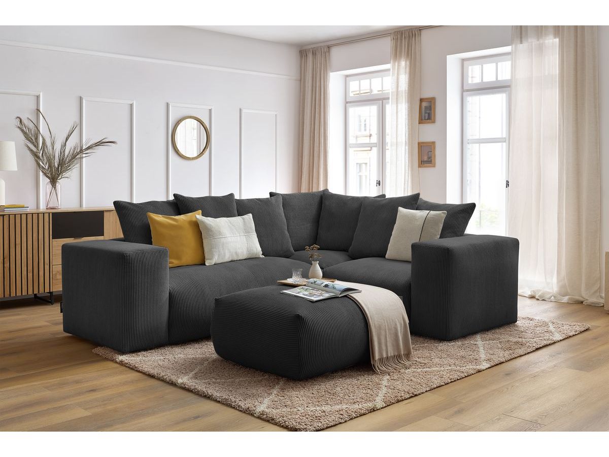 Bobochic Voltaire Ecksofa mit Pouf 268 × 214 cm Cordsamt Dunkelgrau Ecke rechts