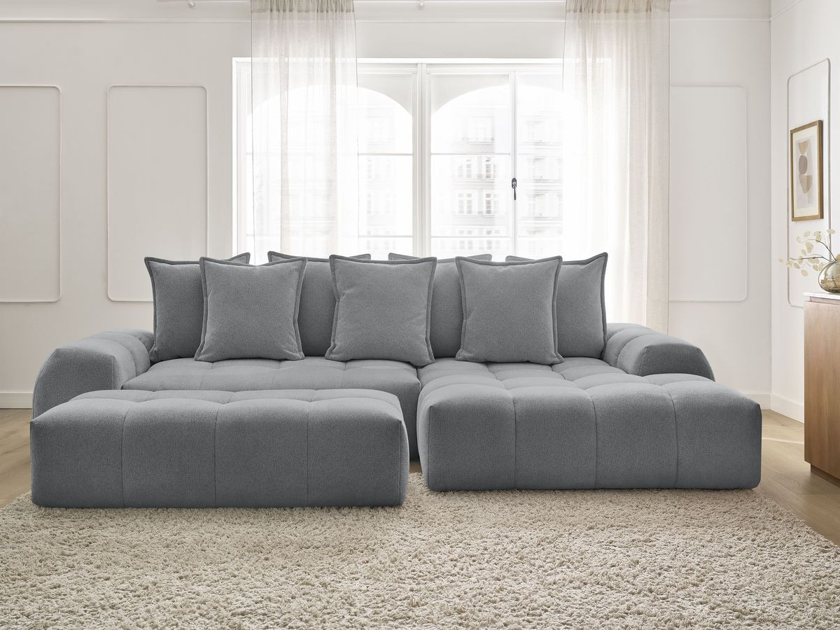 Bobochic Everest Ecksofa mit Schlaffunktion und Bettkasten und Pouf 318 × 180 cm, 7 Kissen Melange-Stoff Dunkelgrau Ecke rechts