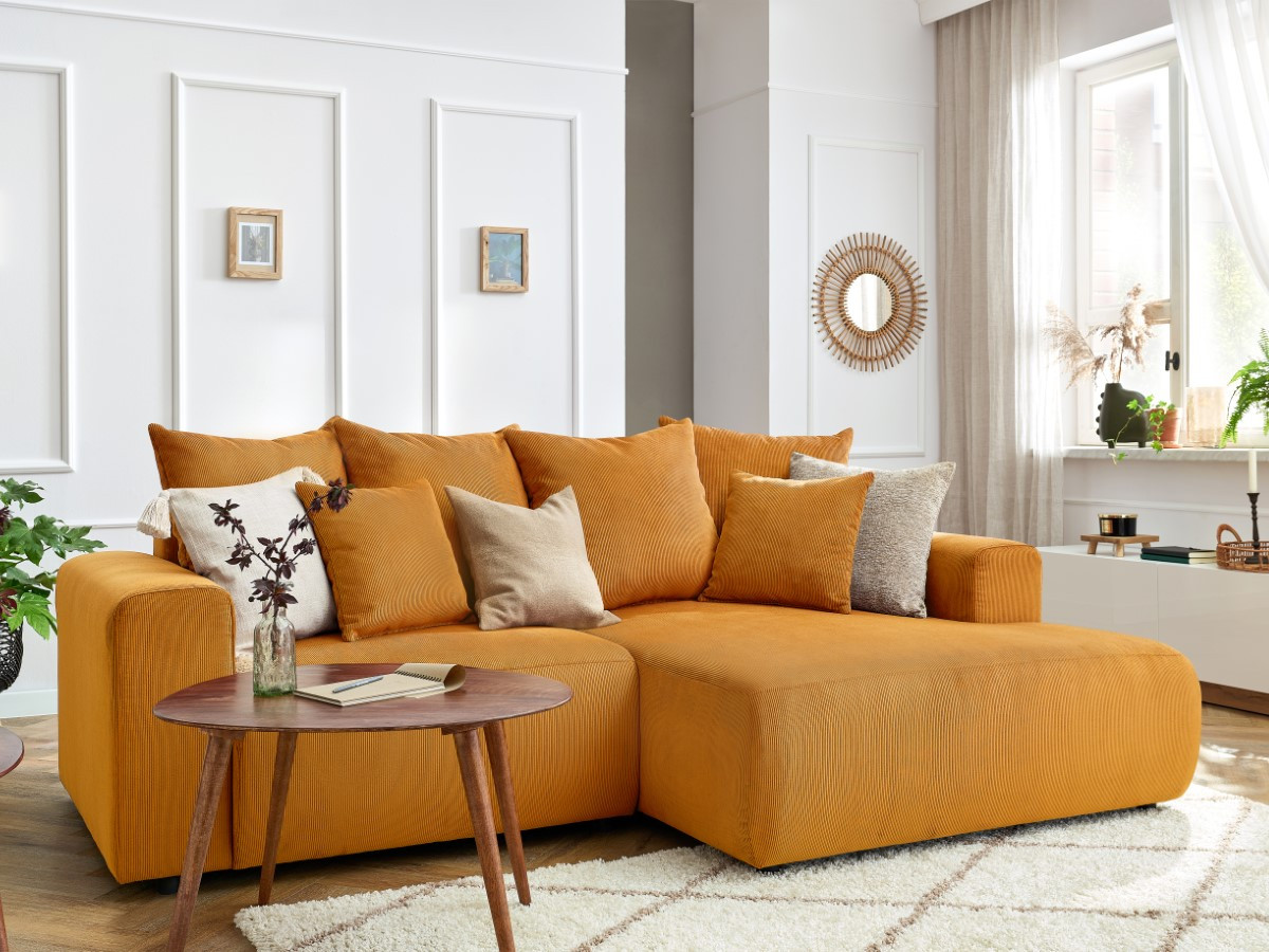 Bobochic Enjoy Ecksofa Cordsamt Gelb Ecke rechts