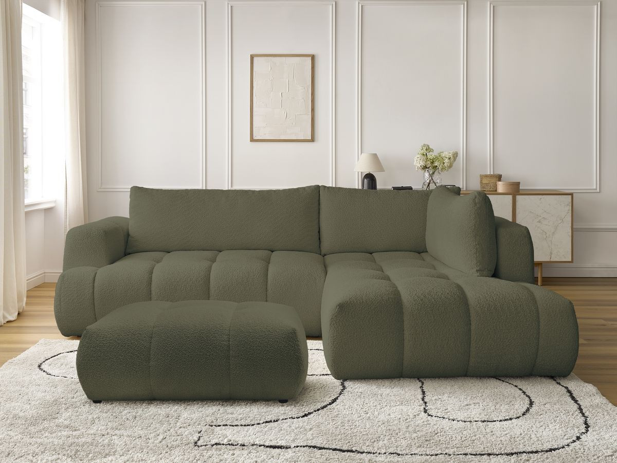 Bobochic Fuji Ecksofa mit Schlaffunktion und Bettkasten und Pouf 282 × 204 cm Bouclé-Stoff Grün Ecke rechts