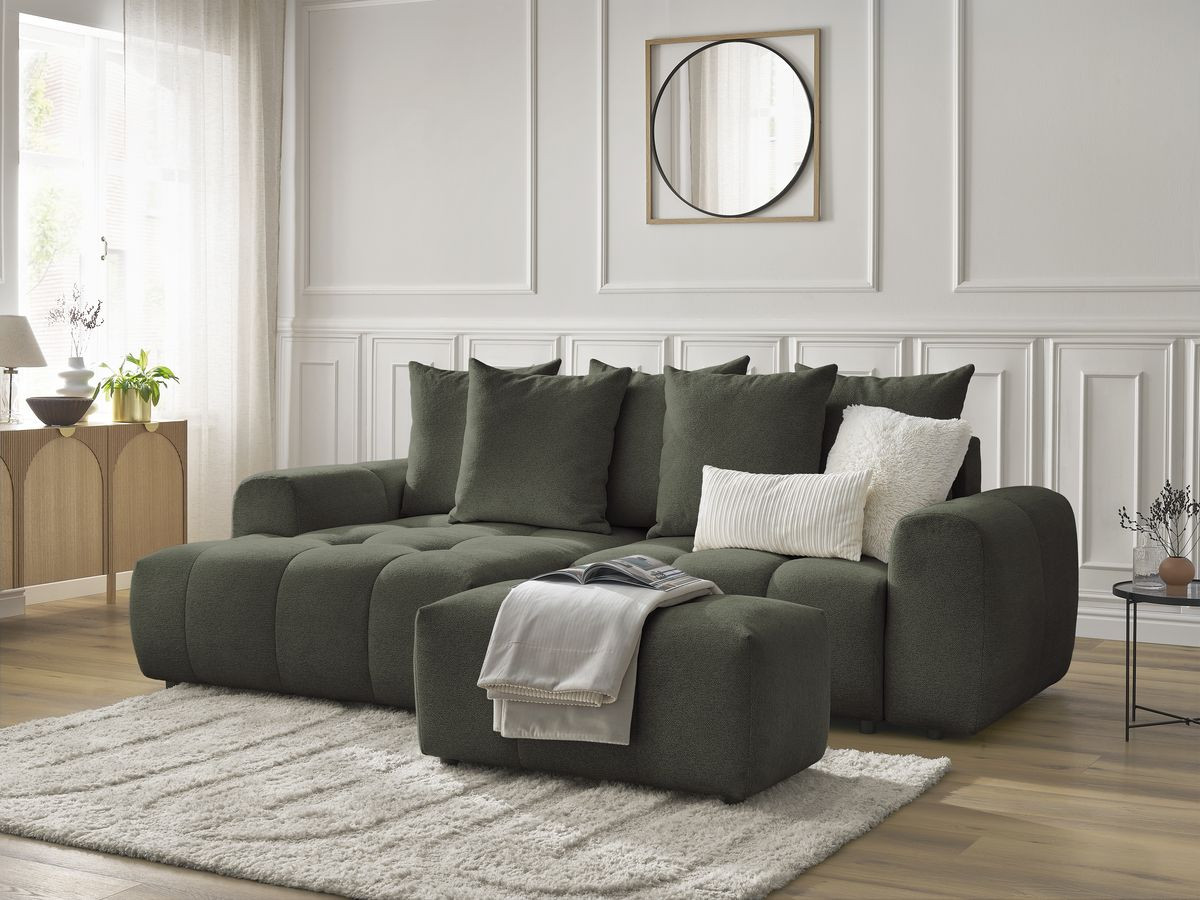 Bobochic Roxelane Ecksofa mit Schlaffunktion und Bettkasten und Pouf 258 × 150 cm Melange-Stoff Grün Ecke links
